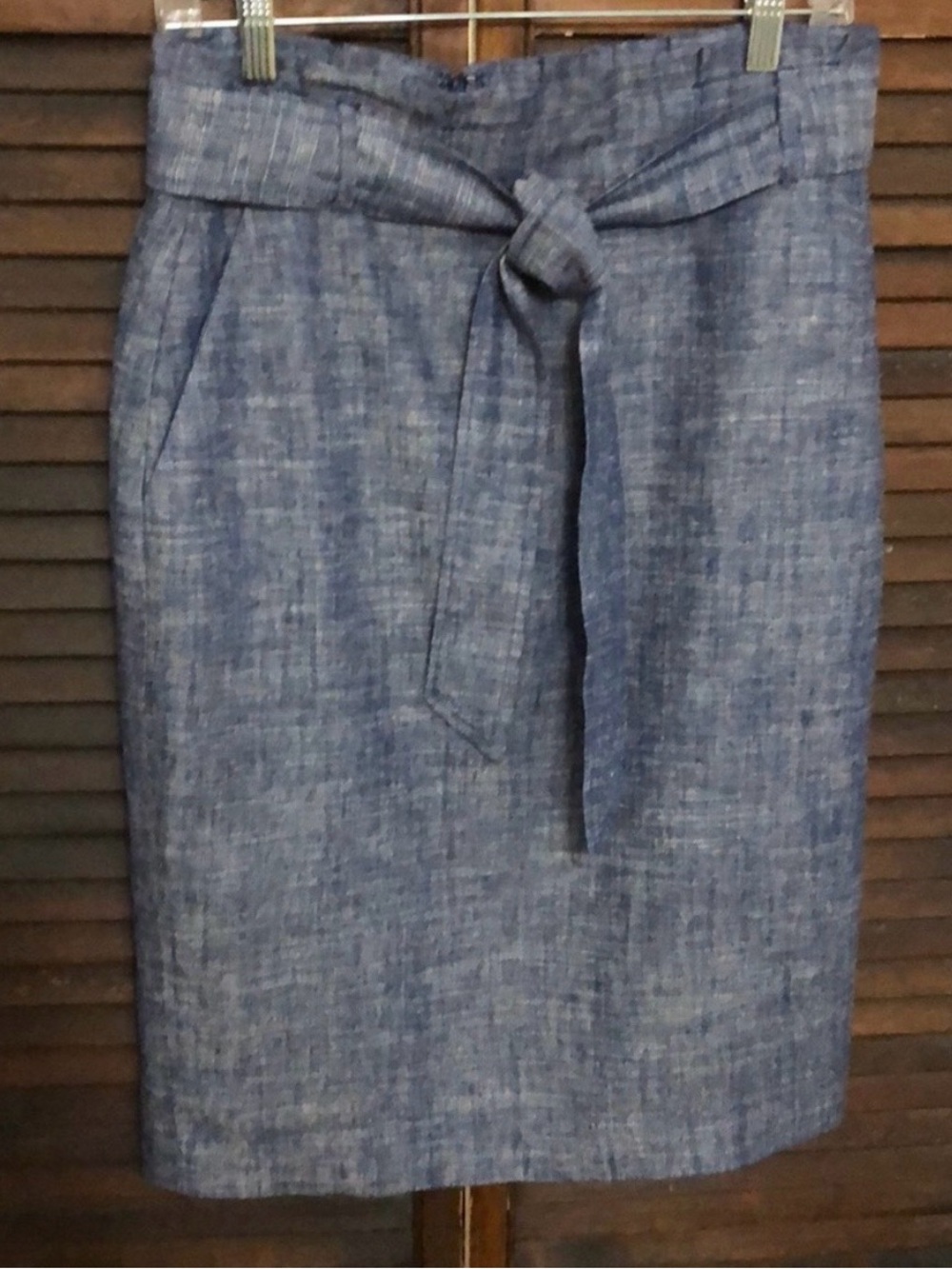 Ann Taylor Blue Chambray Midi Skirt with Waist Tie